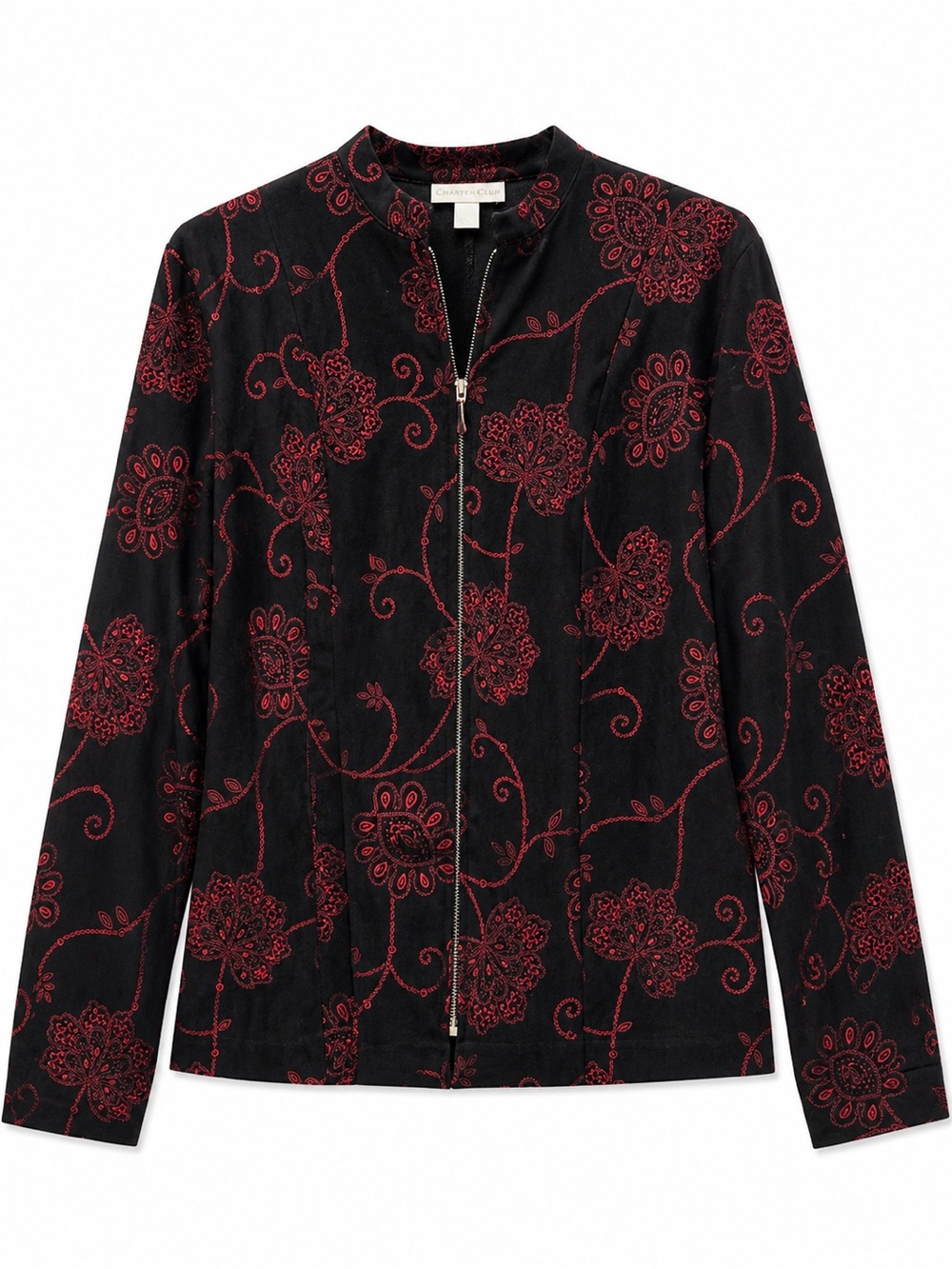Dress Barn Black Zip-Front Jacket with Red Floral Embroidery